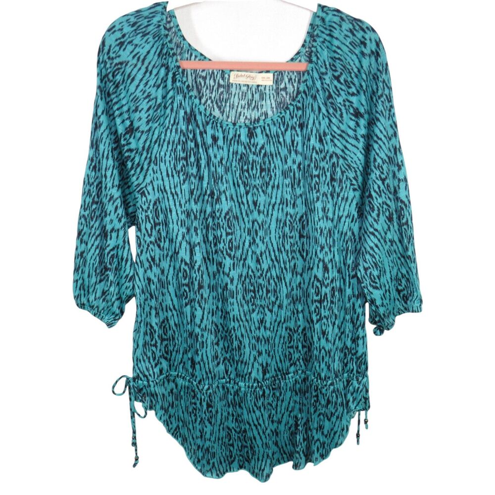 Women's Teal Black Abstract Print Y2K Elastic Waist Peasant Top Size XXL 2XL 20